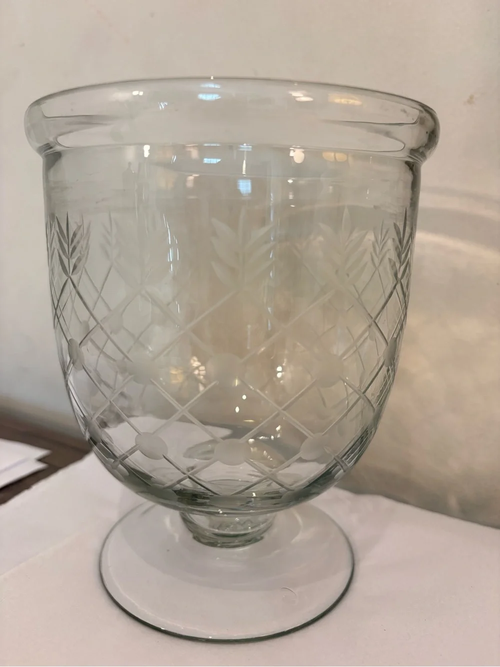 Etched Clear Glass Pedestal 6” Tall Hurricane / Vase